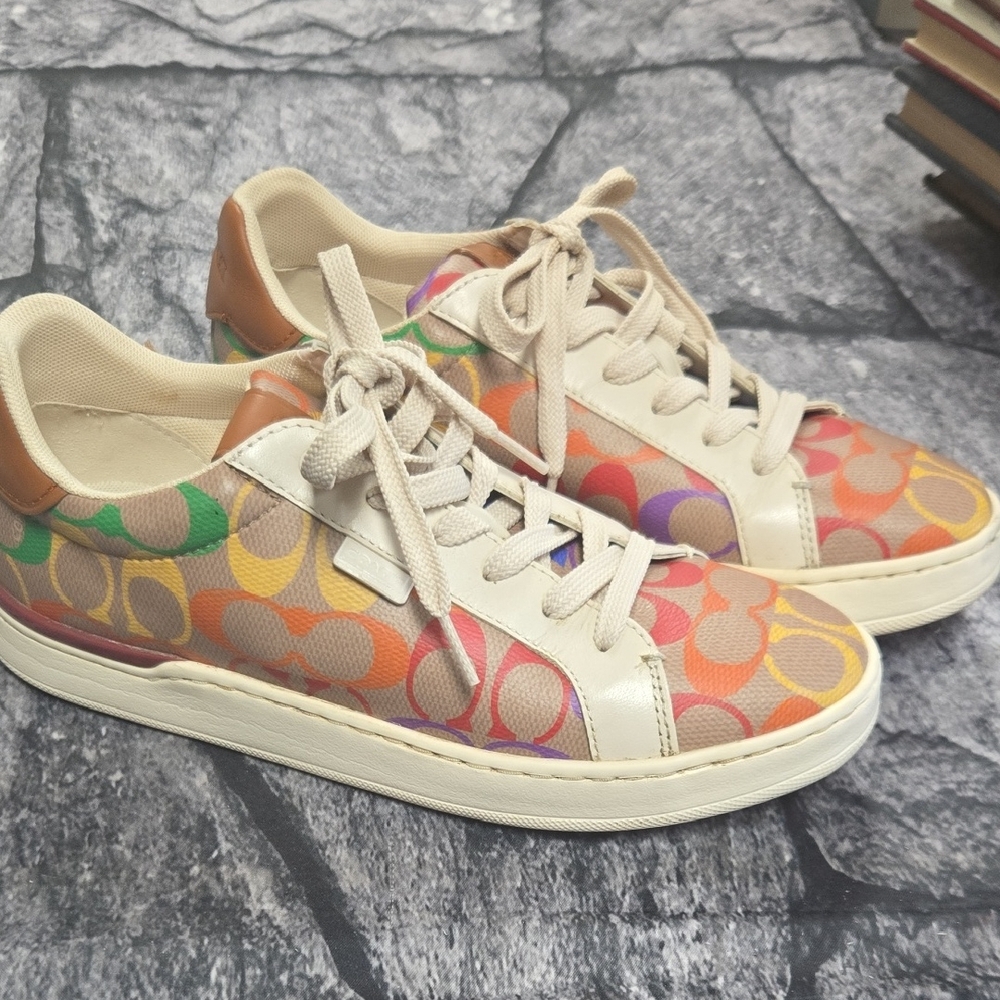 Coach Multicolor Signature Canvas Sneakers with Tan Leather Trim